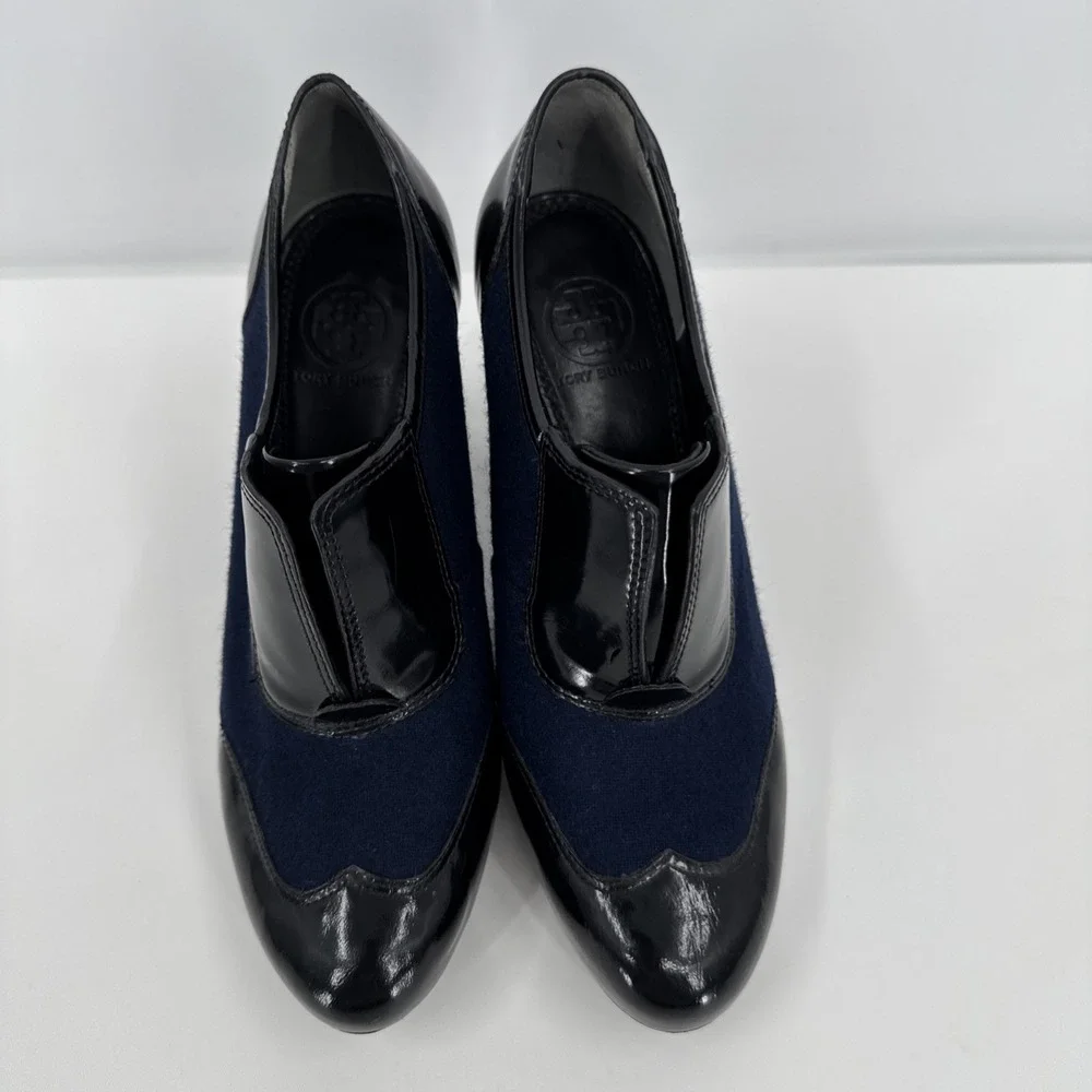 Tory Burch Black‎ Navy Leather Block Heel Ankle Women Bootie Size 6.5 Wingtip